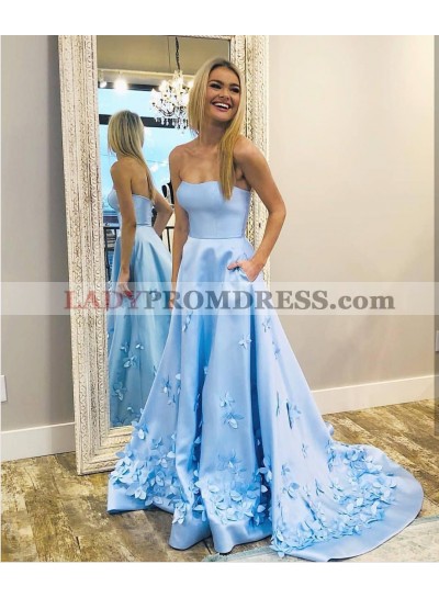 Elegant A Line Satin Strapless Blue Floral Long Prom Dresses 2023