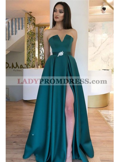 2023 Elegant V Neck Strapless Satin Teal Beaded Belt Side Slit Prom Dresses