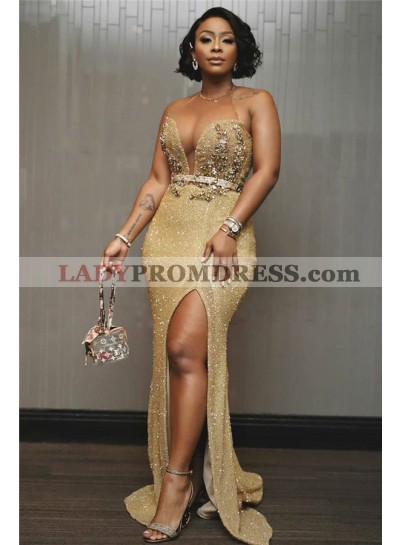 2023 Sexy Gold Sweetheart Sequence Sheath Side Slit Prom Dresses
