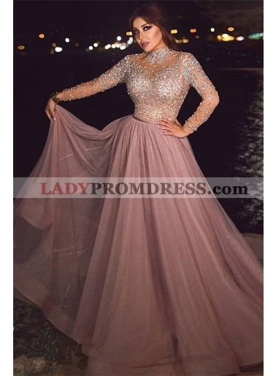 Charming A Line Dusty Rose Tulle Long Sleeves Beaded High Neck Prom Dresses 2023