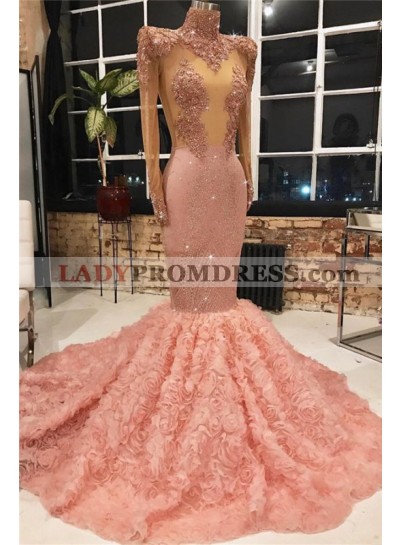Luxury Mermaid Long Sleeves Pink Rose High Neck Beaded Long 2023 Prom Dresses