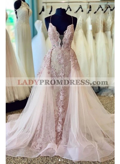 Cheap 2023 Pearl Pink Tulle Halter V Neck Lace Detachable Train Prom Dresses