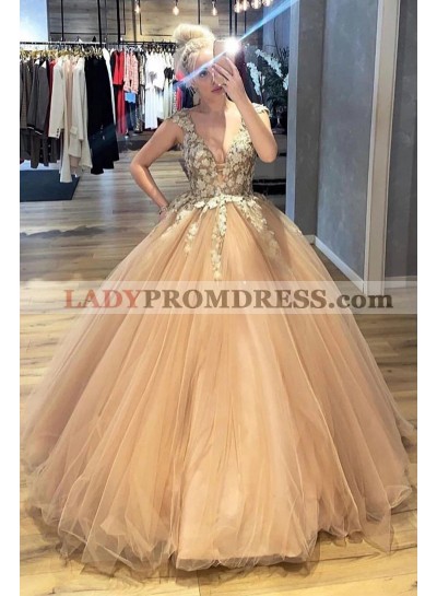 Amazing Tulle Champagne Lace Ball Gown Prom Dresses 2023