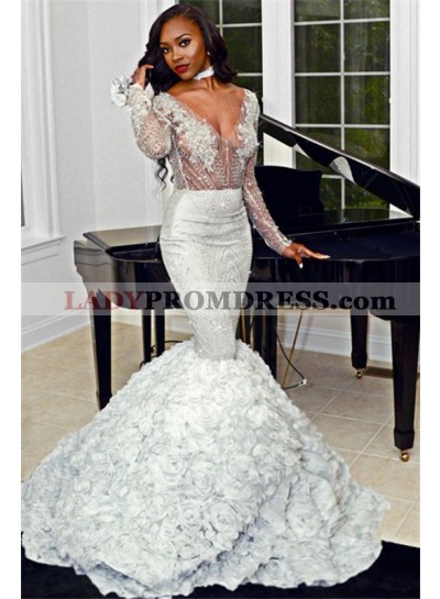 Luxury Long Sleeves Mermaid Silver Beaded Rose V Neck Long Prom Dresses 2023