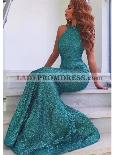 Charming Mermaid Lace Jade High Neck Long Prom Dresses 2023