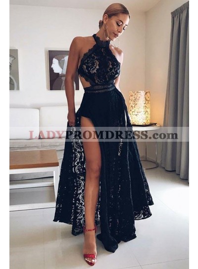 Cheap A Line Black Side Slit High Neck Lace Backless Prom Dresses 2023 