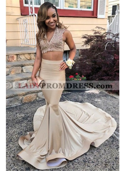 Cheap Mermaid Satin Champagne V Neck Two Pieces Lace Prom Dresses 2023