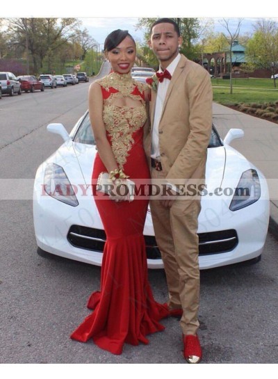 Amazing Mermaid Red High Neck With Gold Appliques Backless Prom Dresses 2023