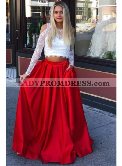 2023 Cheap A Line Satin White And Red Off Shoulder Long Sleeves Two Pieces Prom Dresses