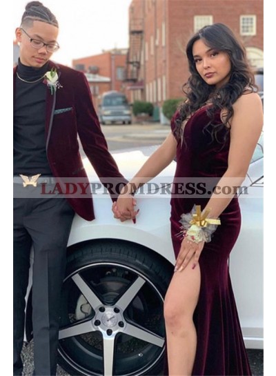 2023 Charming Velvet V Neck Backless Burgundy Prom Dresses