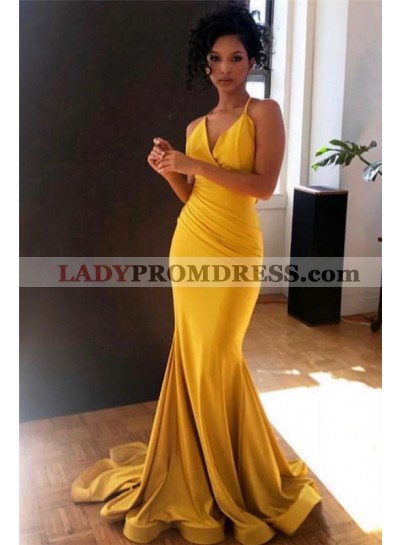 Sexy Satin Gold Sweetheart Pleated Mermaid Cheap Prom Dresses 2023
