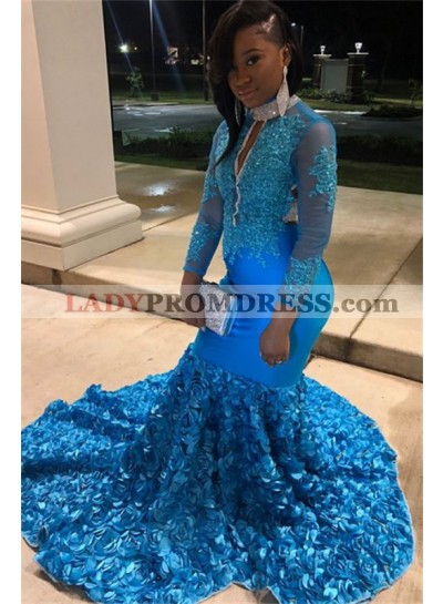 Charming Blue Mermaid Long Sleeves Rose V Neck Zipper Backless Long Prom Dresses 2023