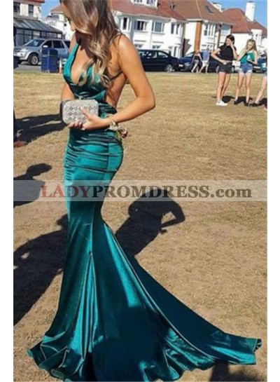 Charming Teal Elastic Satin Mermaid V Neck Backless Prom Dresses 2023