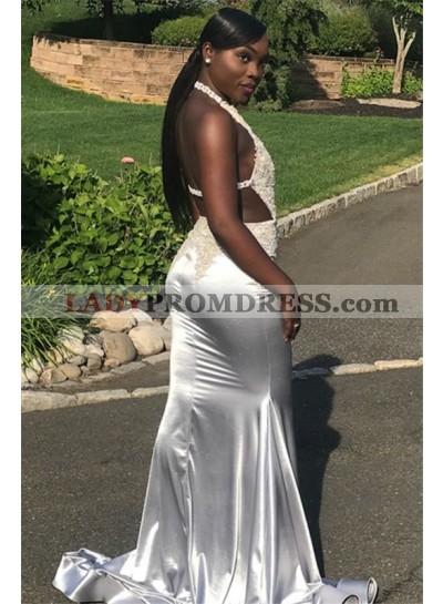 Charming Silver Mermaid Elastic Satin Lace Backless Cheap Prom Dresses 2023
