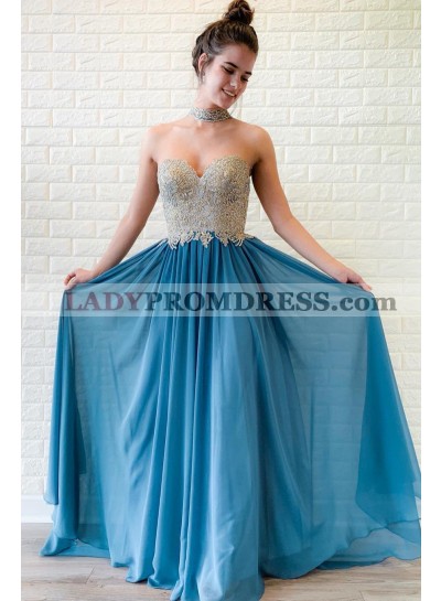 2022 New Arrival A Line Chiffon Sweetheart Blue Beaded Prom Dresses