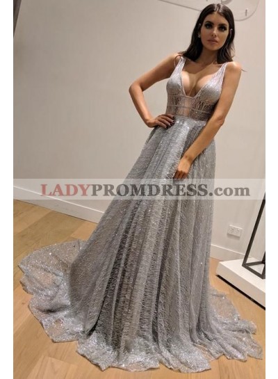 Charming A Line V Neck Silver Backless Lace Prom Dresses 2023 