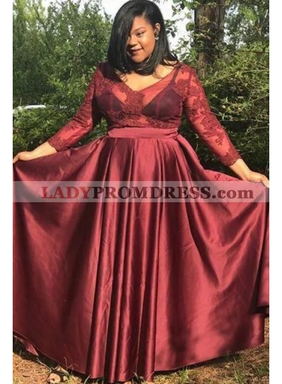 2023 Cheap A Line Burgundy Long Sleeves Lace V Neck Plus Size Prom Dresses