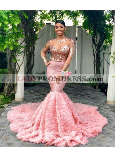 Sexy Mermaid Pink Long Sleeves Beaded Rose Floral Sequence Long 2023 Prom Dresses