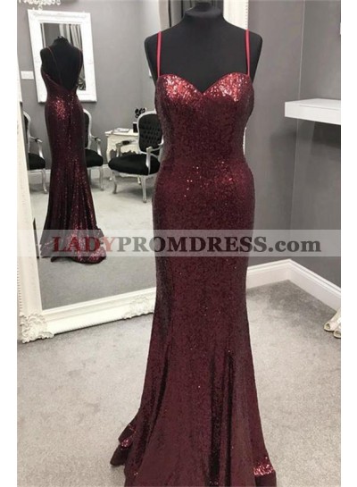 Charming Sheath Sweetheart Spaghetti Straps Burgundy Sequence 2023 Cheap Prom Dresses