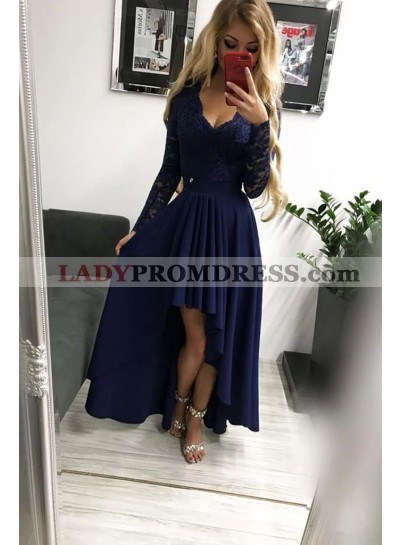Cheap 2023 Dark Navy A Line Long Sleeves Lace High Low Prom Dresses