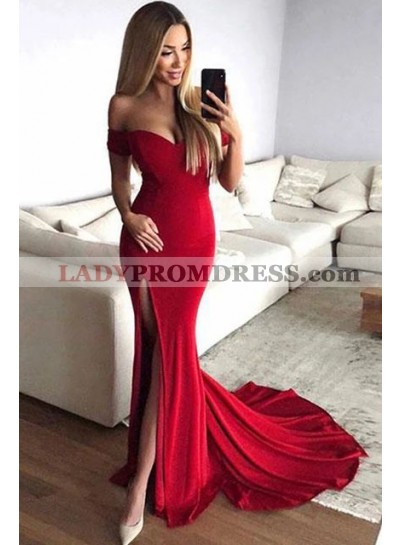 Sexy Red Off Shoulder Sheath Sweetheart Side Slit 2023 Prom Dresses