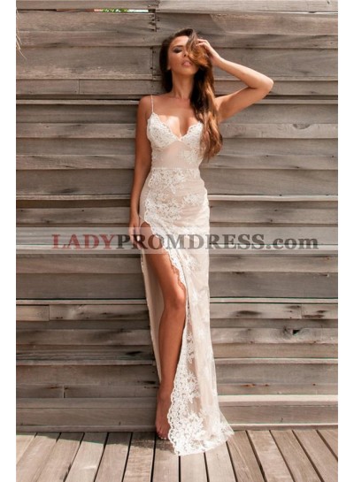 Sexy 2023 Sheath Spaghetti Straps Lace Backless Sweetheart Prom Dresses