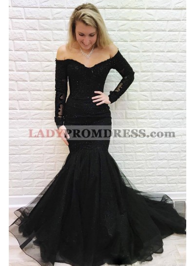 Sexy Black Mermaid Off Shoulder Long Sleeves Tulle 2023 Prom Dresses