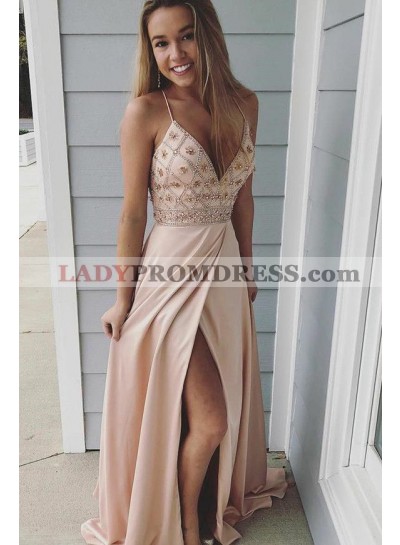 Cheap 2023 A Line Side Slit Blush Pink Beaded Sweetheart Spaghetti Straps Prom Dresses