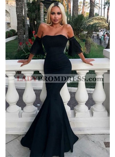 Sexy Mermaid Strapless Bell Sleeves Black Cheap Prom Dresses 2023