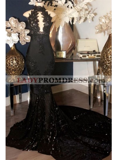 2023 Designer Black Mermaid High Neck Sequence Open Front Long Prom Dresses