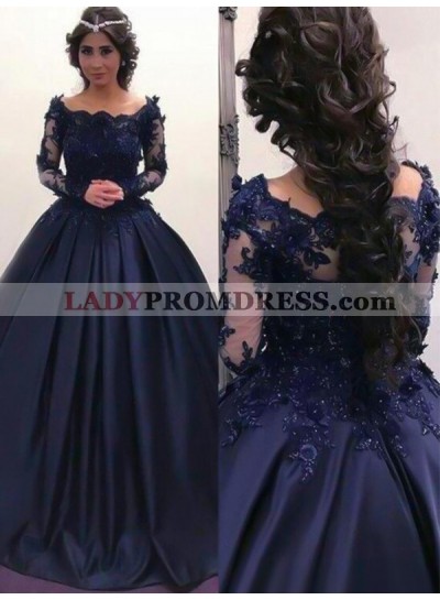 2023 New Arrival Long Sleeves Dark Navy Off Shoulder Satin Ball Gown Prom Dresses