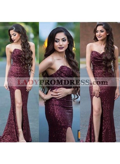 2023 Charming Sheath Side Slit Sweetheart Sequence Burgundy Prom Dresses