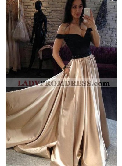 Cheap A Line Off Shoulder Satin Champagne With Black Prom Dresses 2023