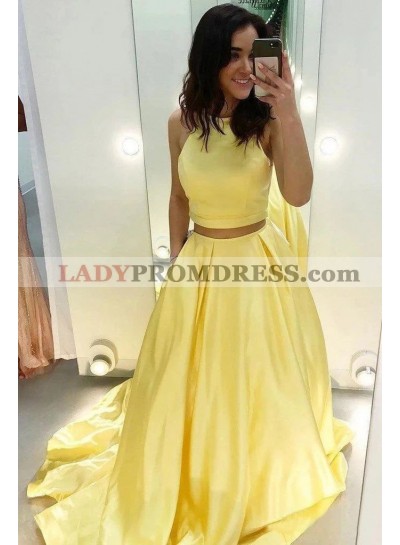 2023 Cheap A Line Satin Daffodil Two Pieces Long Prom Dresses