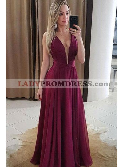 Cheap A Line V Neck Chiffon Burgundy Floor Length 2023 Prom Dresses