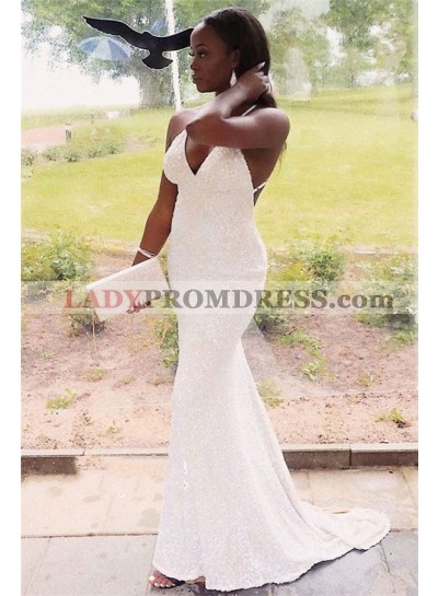 Sexy Sweetheart Halter Backless Sequence White 2023 Prom Dresses