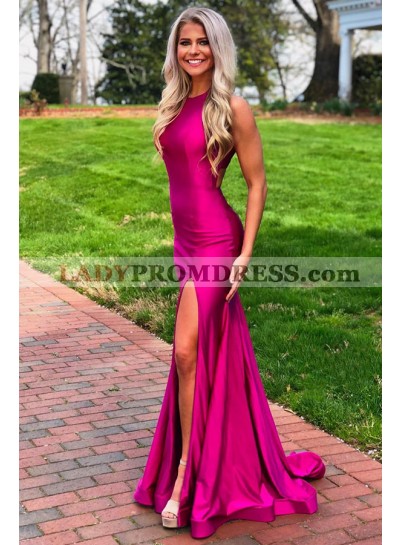 Charming Satin Side Slit Sheath Fuchsia Backless Cheap Prom Dresses 2023