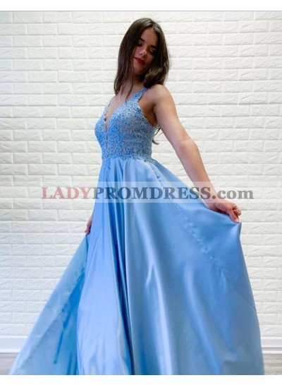Cheap 2023 A Line Blue Elastic Satin Lace V Neck Prom Dresses