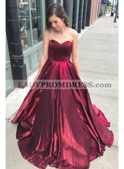 2023 Cheap Sweetheart A Line Burgundy Taffeta Strapless Prom Dresses