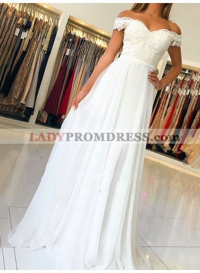 New Arrival A Line White Sweetheart Off Shoulder Chiffon Appliques Prom Dresses 2023