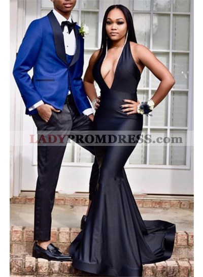 Charming Mermaid Black V Neck Halter Backless 2023 Prom Dresses