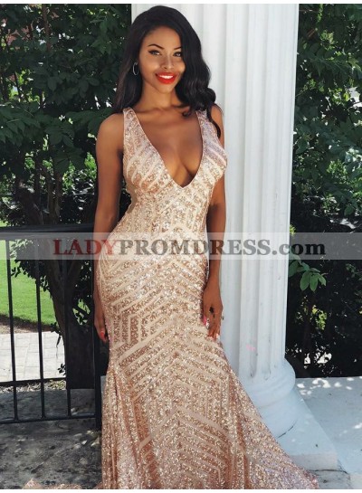 Charming V Neck Lace Champagne Sequence Backless Long Sheath Prom Dresses 2023