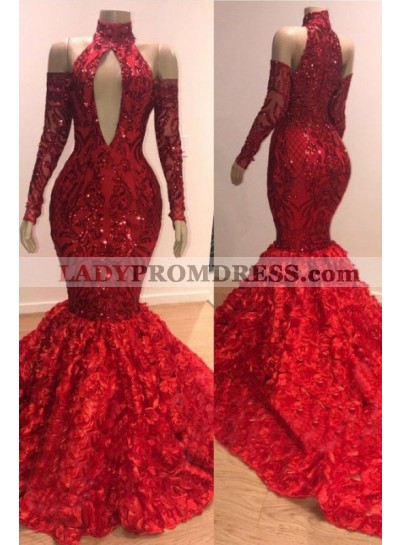 Charming Mermaid High Neck Red Long Sleeves Hollow Out Open Front Lace Prom Dresses 2023