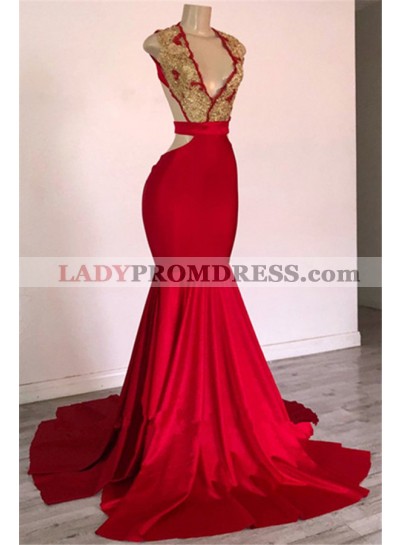 2023 New Arrival Mermaid Red V Neck Backless Gold Appliques Prom Dresses