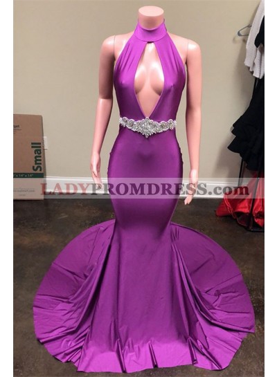 2023 New Arrival Mermaid V Neck Beaded Fuchsia Long Backless Prom Dresses