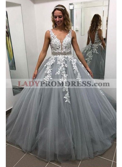 2023 Charming Silver With White Appliques Tulle Beaded Backless Ball Gown Prom Dresses