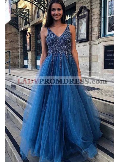 2023 Cheap A Line Tulle Blue Beaded Backless V Neck Prom Dresses