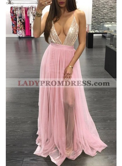 2023 Sexy A Line Pink V Neck Side Slit Backless Chiffon Prom Dresses