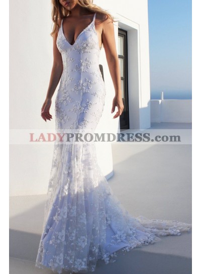 2023 Charming White Sheath V Neck Lace Up Lace Prom Dresses