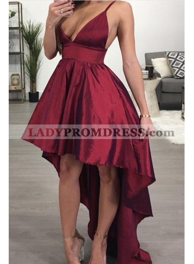 Sexy A Line High Low Burgundy Taffeta Backless Sweetheart Short Prom Dresses 2023